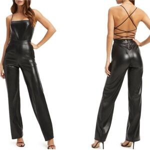 Good American | Vacay Faux Leather Black Wide Leg Jumpsuit | 4